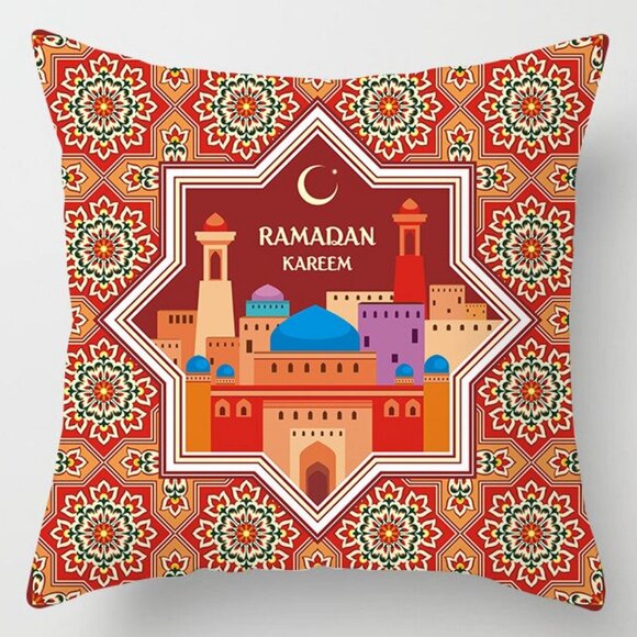 Red Ramadan Mubarak Pillow Covers 18x18 Decorative Linen Pillow Covers - Picture 1 of 3